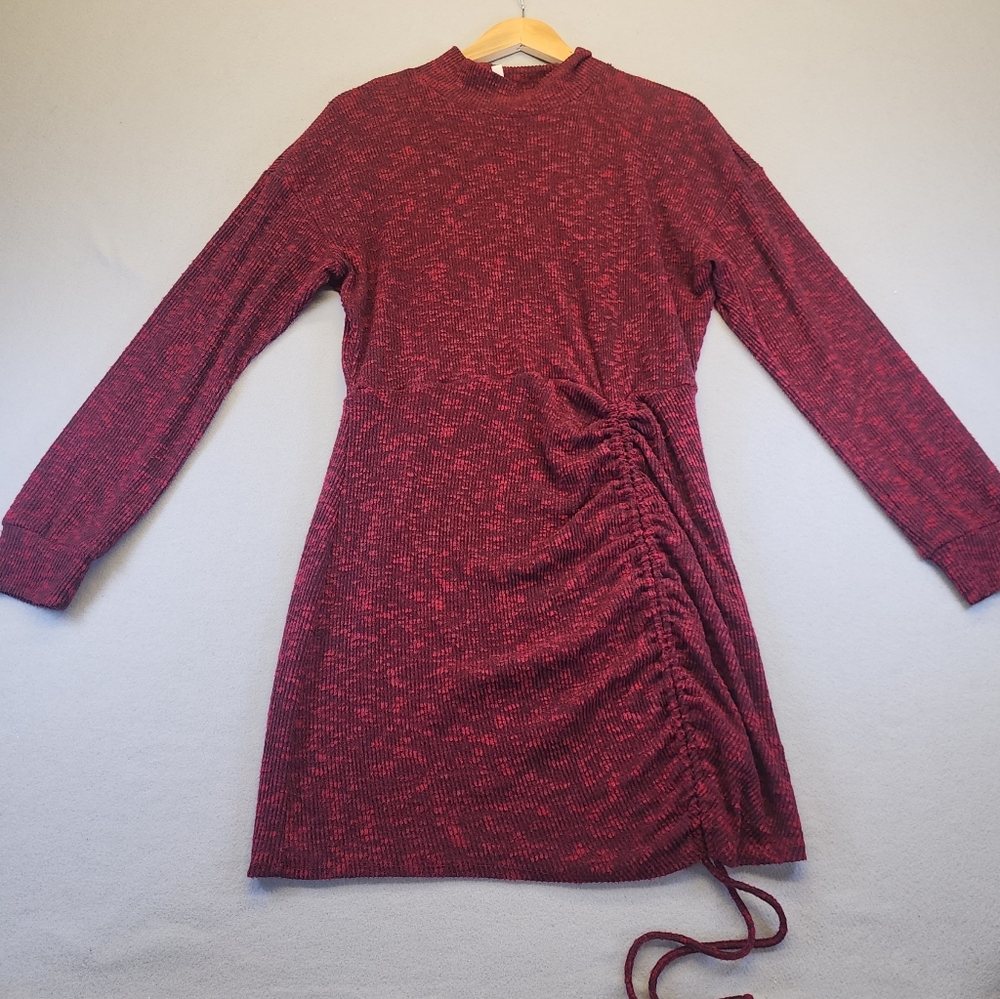 Xhilaration Burgundy Marled Rib Knit Ruched Mini Dress Mock Neck XL Long Sleeve